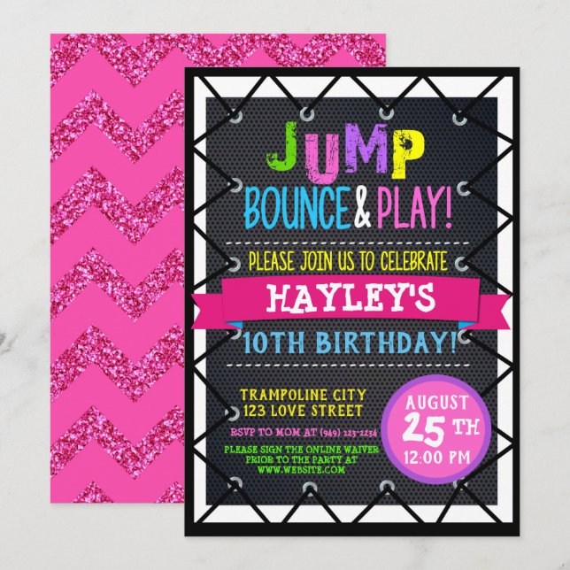 Trampoline Park Bounce Party Girls Colorful Invitation (Front/Back)