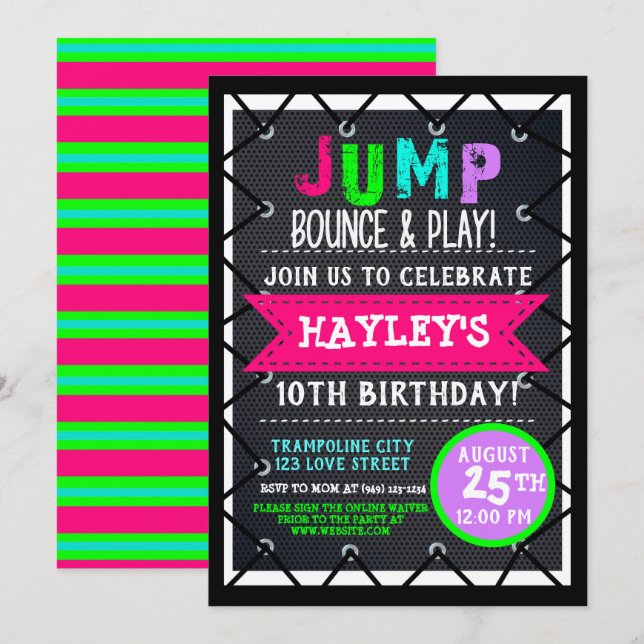 Trampoline Park Bounce Party Neon Colors Summer Invitation (Front/Back)