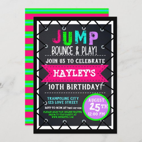 Trampoline Park Bounce Party Neon Colors Summer Invitation