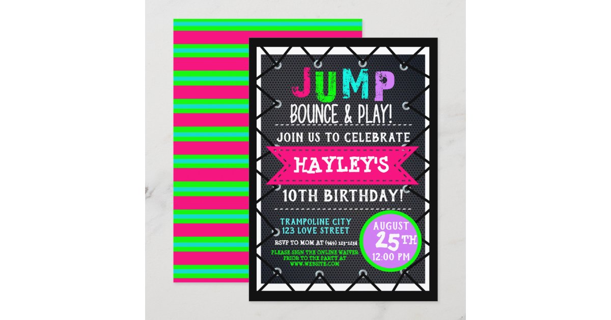 Trampoline Park Bounce Party Neon Colors Summer Invitation | Zazzle