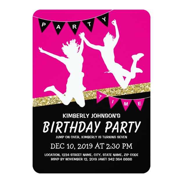 Trampoline Park Girl Pink Kids Birthday Party Invitation