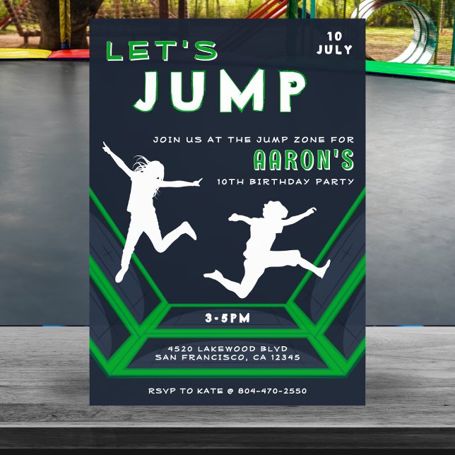 Trampoline Park Let's Jump Green Birthday Party Invitation (Trampoline Park Let's Jump Green Birthday Party Invitation
)