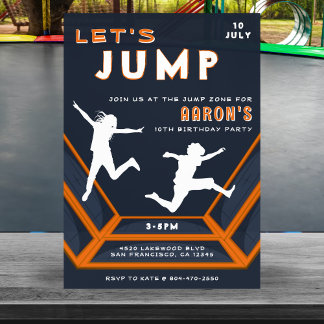 Trampoline Park Let's Jump Orange Birthday Party Invitation