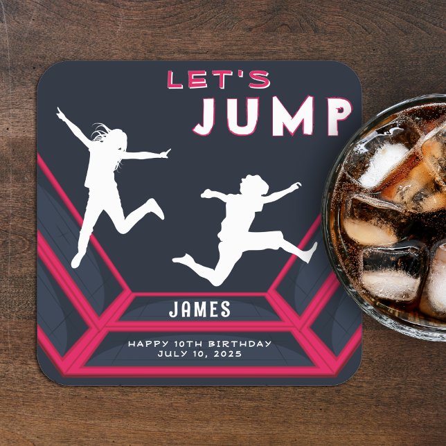 Trampoline Park Let's Jump Red Birthday Party Square Paper Coaster (Creator Uploaded)