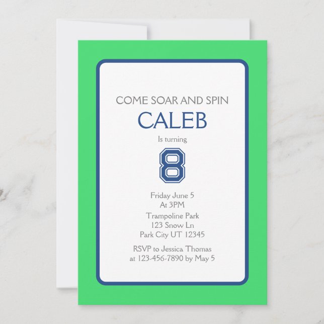 Trampoline Park Soar and Spin Birthday Invitation (Front)