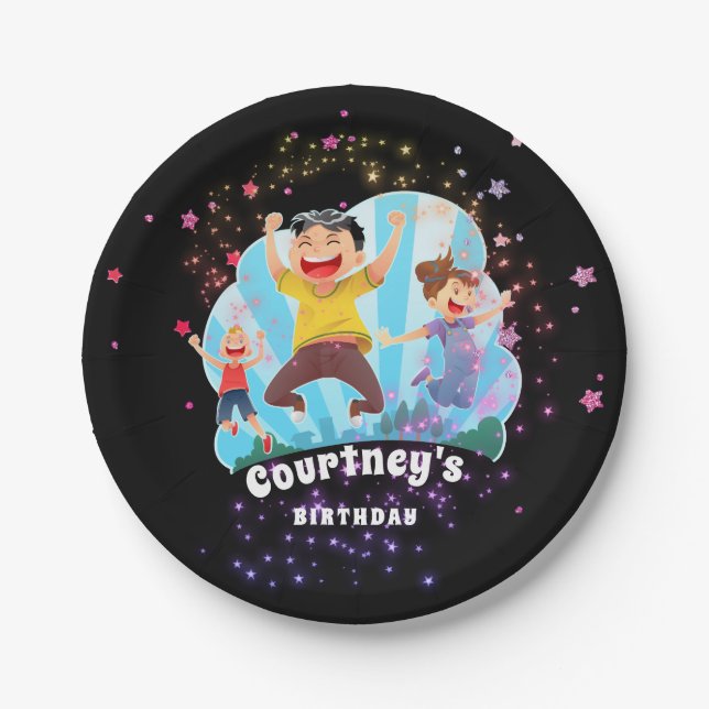 Trampoline Party Jump Kids Birthday Stars Paper Paper Plates (Front)