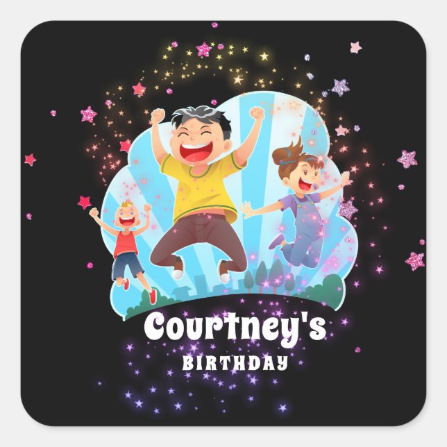 Trampoline Party Kids Jump Birthday Favor Square Sticker (Front)
