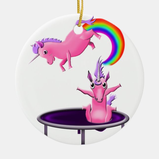 trampolining unicorn ceramic ornament (Front)