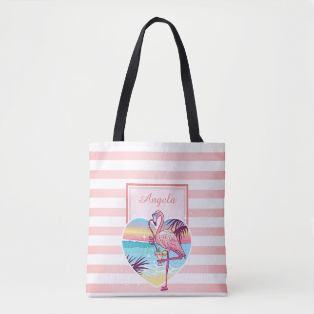 Trandy Striped, Flamingo, Cocktail  -Personalized Tote Bag (Front)