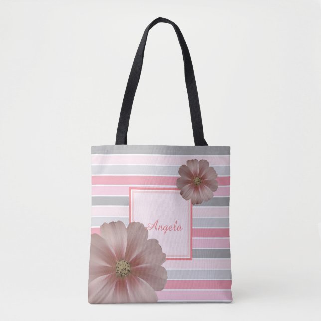 Trandy Striped, Flowers  -Personalized Tote Bag (Front)