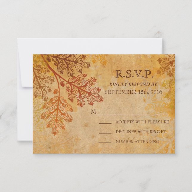 Tranished Lacy Leaves Fall Wedding RSVP Card (Front)