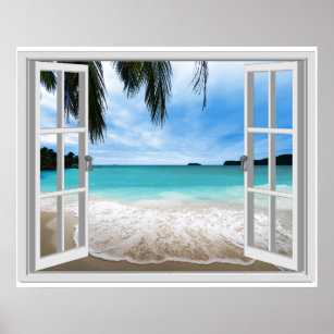 Tranquil 3D Sea And Beach Window View Poster