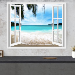 Tranquil 3D Sea And Beach Window View Poster