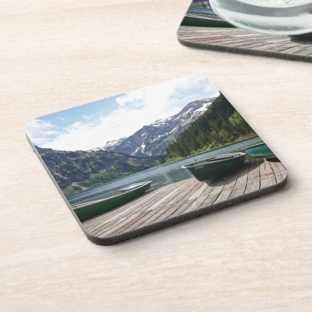 Tranquil Alpine Lake and Boats Photograph Beverage Coaster (Left Side)