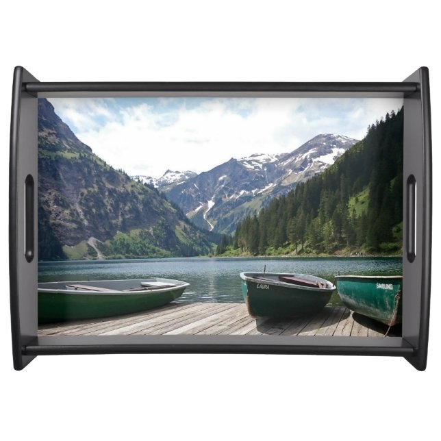 Tranquil Alpine Lake and Boats Photograph Serving Tray (Front)