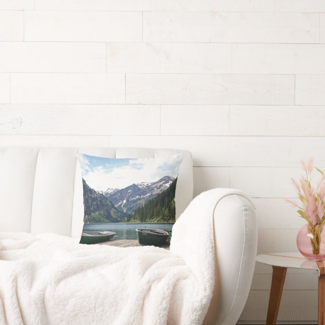 Tranquil Alpine Lake and Boats Photograph Throw Pillow (Couch)