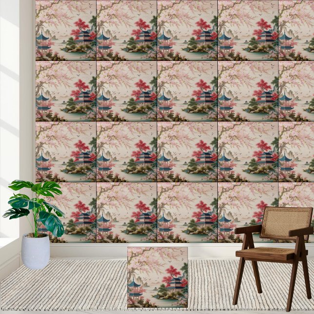 Tranquil Asian Blossom & Pagoda Chinoiserie Tile  (Tranquil Asian Blossom & Pagoda Chinoiserie Tile)