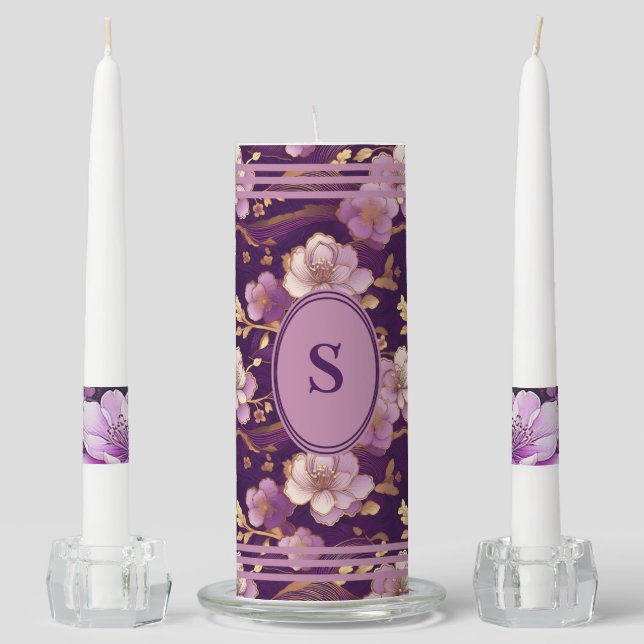Tranquil Asian Purple Floral Personalized Unity Candle Set (Front)