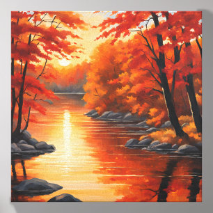 Tranquil Autumn River Scene at Sunset Canvas Photo Tile
