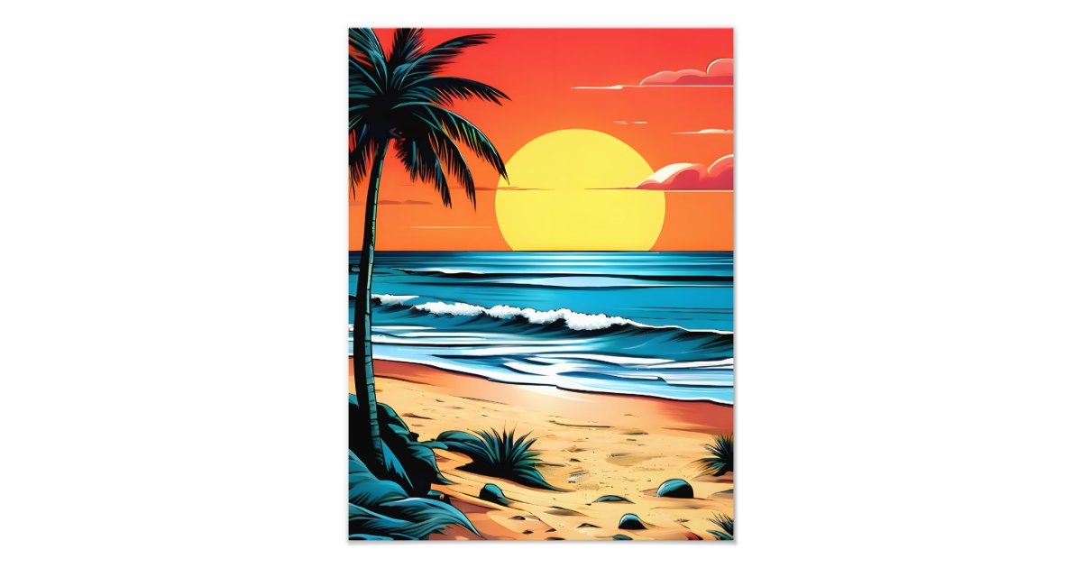 tranquil-beach-escape-sunset-with-palm-tree-photo-print-zazzle