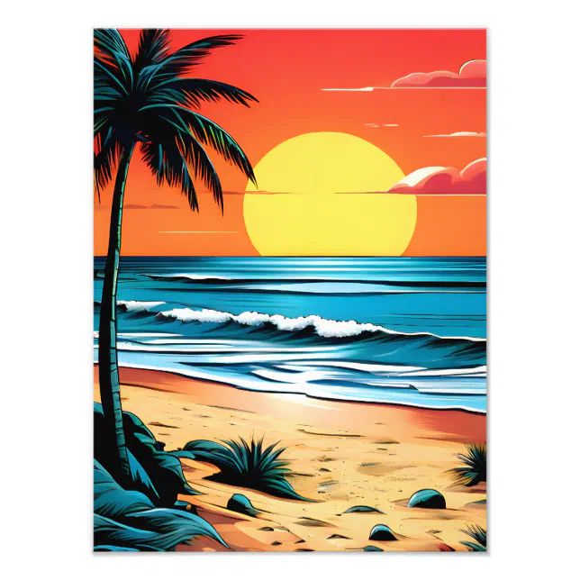 tranquil-beach-escape-sunset-with-palm-tree-photo-print-zazzle
