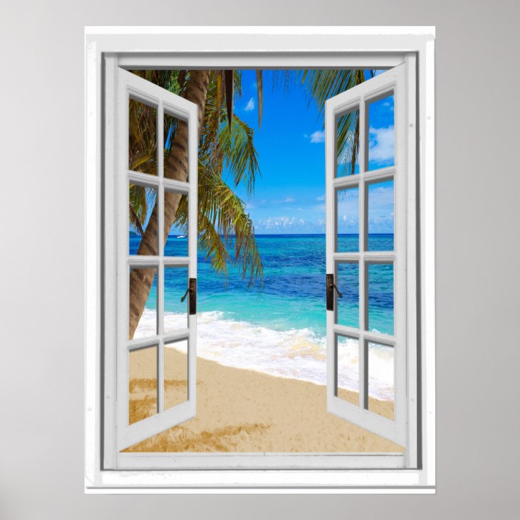 Tranquil Beach Ocean View Fake Window Poster | Zazzle