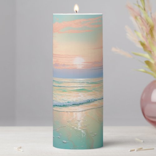 Tranquil beach sunset pillar candle