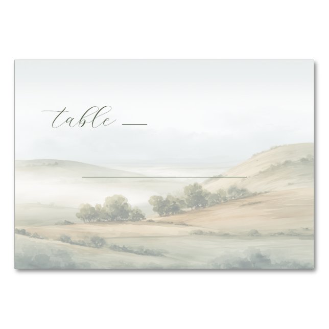 Tranquil Beige Watercolor Landscape Table Number (Front)