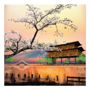 Tranquil Blossom: Sunset Over a Japanese Lakehouse Photo Print