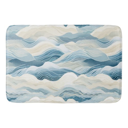 Tranquil Blue and White Wave Pattern Bath Mat