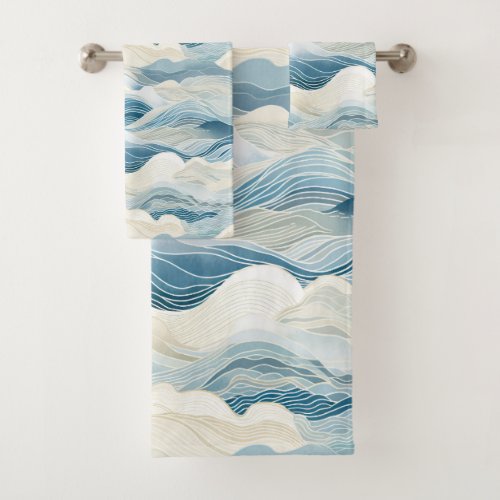 Tranquil Blue and White Wave Pattern Bath Towel Set