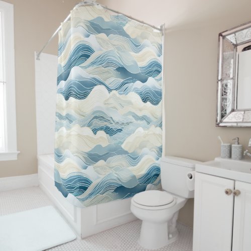 Tranquil Blue and White Wave Pattern Shower Curtain