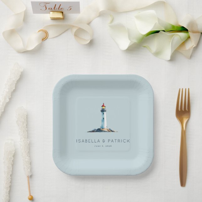 Tranquil Blue Minimalist Lighthouse Paper Plates (Wedding)
