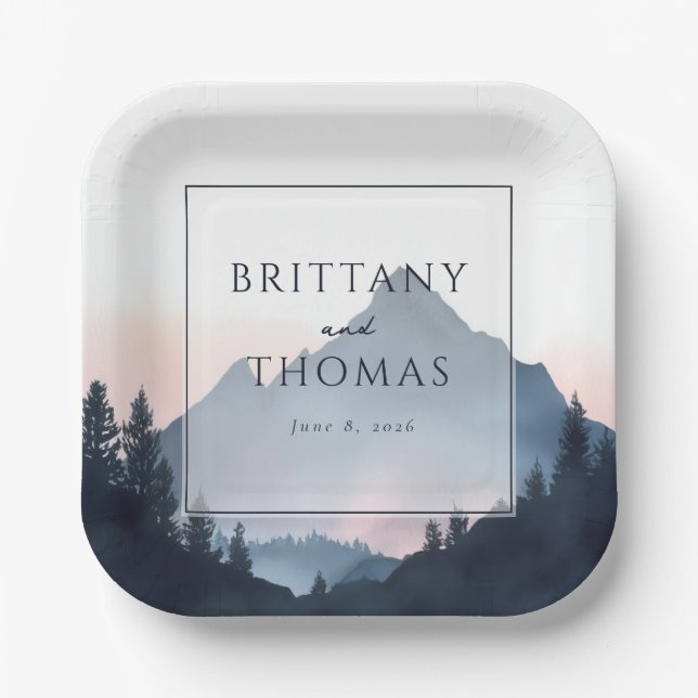 Tranquil Blue Mountain Landscape Paper Plates (Front)