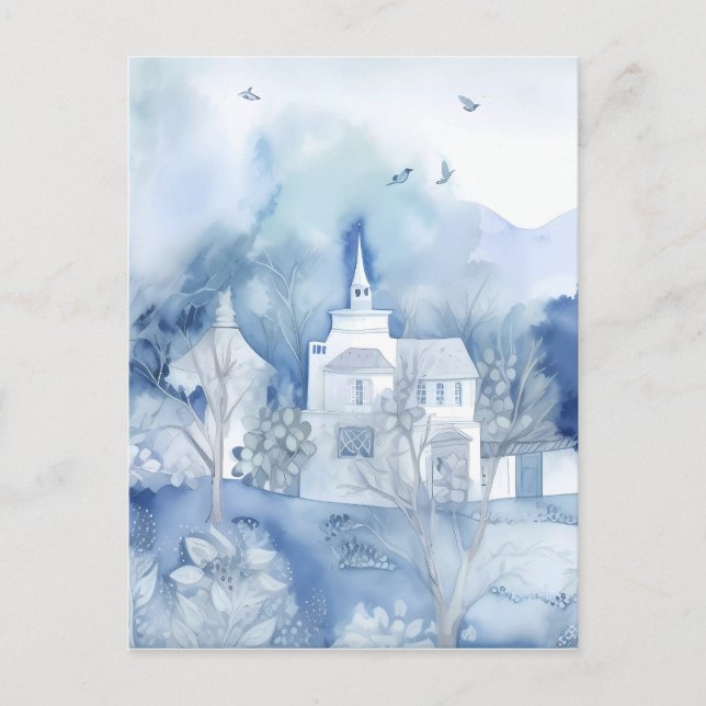 Tranquil Blue Village – Boho Landscape Postcard (Front)