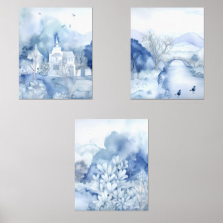 Tranquil Blue Village – Boho Landscape Wall Art Sets
