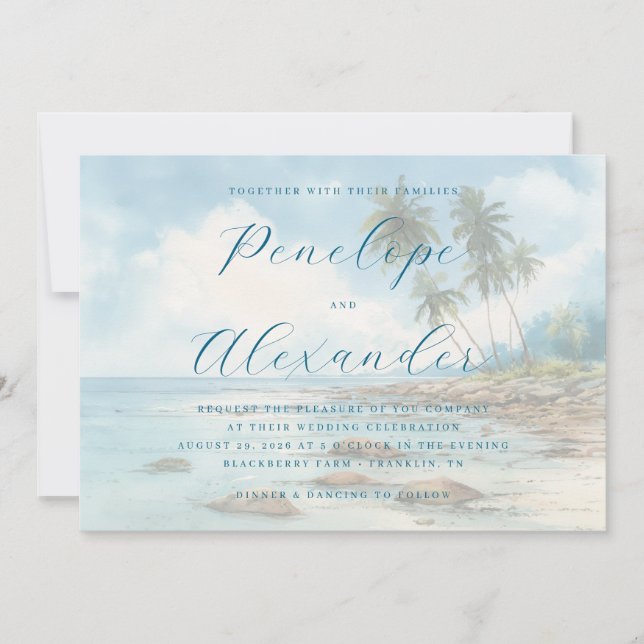 Tranquil Blue Watercolor Beach Scene Invitation (Front)
