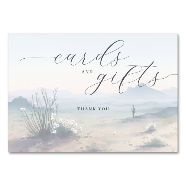 Tranquil Blue Watercolor Desert Landscape Table Number (Front)