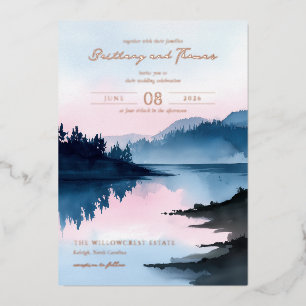 Tranquil Blue Watercolor Landscape Foil Invitation