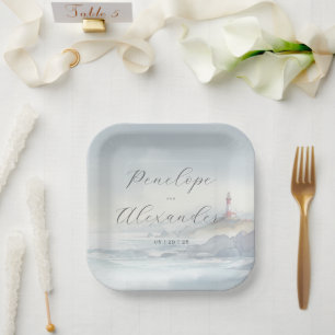 Tranquil Blue Watercolor Lighthouse Scene Paper Plates