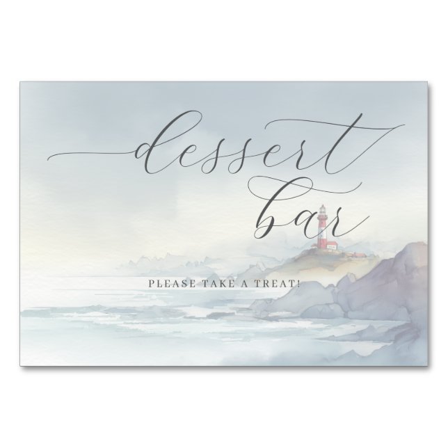 Tranquil Blue Watercolor Lighthouse Scene Table Number (Front)