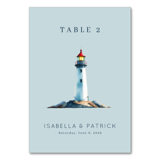 Tranquil Blue Watercolor Lighthouse Table Number (Front)