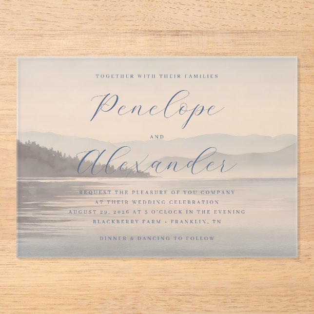 Tranquil Blue Watercolor Mountains Acrylic Invitations (Front)