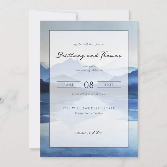 Tranquil Blue Watercolor Mountains Invitation (Front)