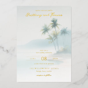 Tranquil Blue Watercolor Palm Trees Foil Invitation