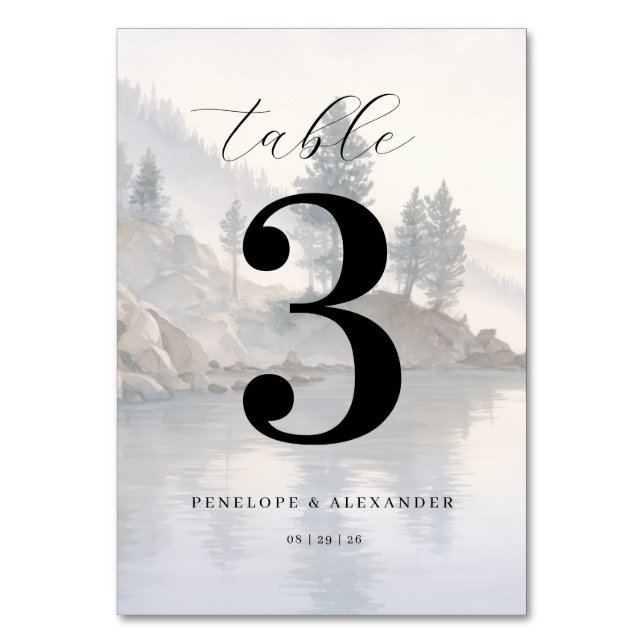 Tranquil Blue Watercolor Pine Trees Table Number (Front)