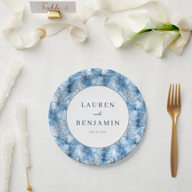 Tranquil Blue Winter Forest Paper Plates (Wedding)