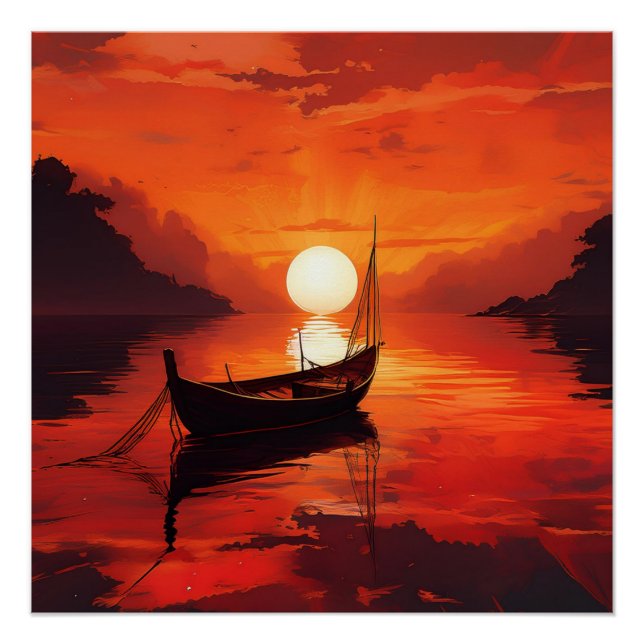 Tranquil Boat in Fiery Sunset – Serene Nature Art Poster (Front)