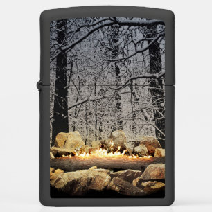 Tranquil Burning Yule Log in a Snowy Forest Zippo Lighter