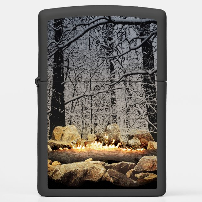 Tranquil Burning Yule Log in a Snowy Forest Zippo Lighter (Front)